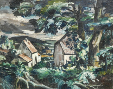 20thC School. Tree lined cottages before hills, oil on canvas, unsigned, 59cm x 76cm.