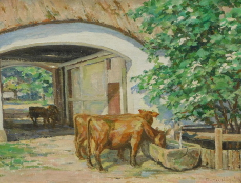 Osvalt Antonius Hartig (20thC). Cattle at a trough before arch, acrylic on canvas, signed and dated (19)45, 41cm x 53cm.