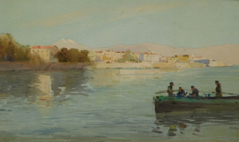 20thC Continental School. Figures in a boat on calm waters, before houses and hills, watercolour, unsigned, 29cm x 42cm.