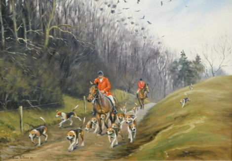 Brian Porteous (fl.1985). Huntsmen and hounds in a country lane, oil on board, signed and dated (19)85, 46cm x 61cm.