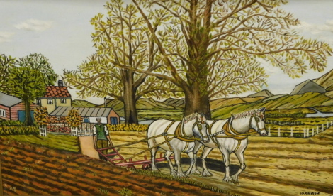 Harrison (20thC). Horse drawn plough before cottage and trees, oil on board, signed, 31cm x 49cm, After Baarnegt Leopard, etc. (3)