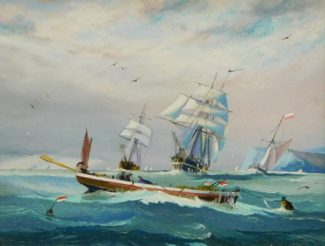 Peter Whittock (20thC). Boats on stormy seas, oil on board, signed, 25cm x 29cm.