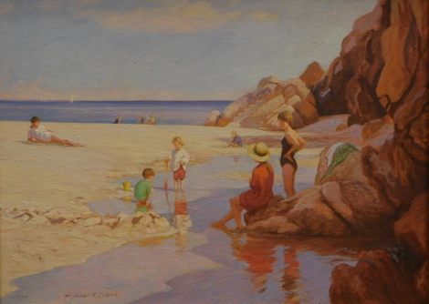 Michael A. Clark. Beach scene with figures, oil on board, signed, 29cm x 39.5cm.