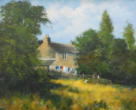 Marice William Crawshaw (b.1947). Country cottage with figures, oil on board, signed, 59cm x 74.5cm.