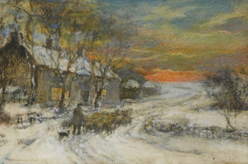 Rowland Henry Hill (1873-1952). Winter scene - Shepherd with sheep, watercolour, signed and dated 1937, 19cm x 28cm.