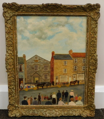 Joseph Baker Fountain (1907-1992). Mission trip to Briggate, oil on canvas, signed and titled verso, 38cm x 28.5cm Label verso - The Trafford Gallery, London. - 2