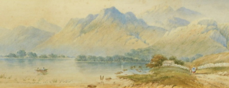 20thC English School. Figures in a Boat, aside figure on a path, before cottage and mountains in the distance, watercolour, unsigned, 23cm x 48cm.