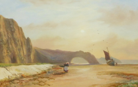 J M (19thC English School). Figure on a beach before boat and cliffs, monogrammed, watercolour, 21cm x 29cm.