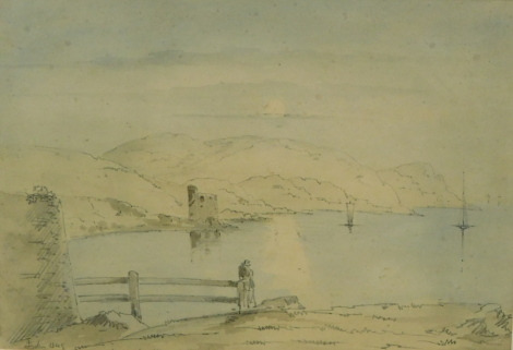 J Beden (fl.1845). A figure aside fence before lake and castle, with hills in the distance, pencil in watercolour, indistinctly signed and dated 1845, 24c, x 31cm