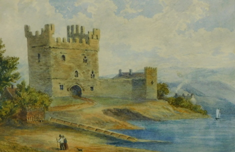 19thC School. Figures on a path, before castle, with boat and hills in the distance, watercolour, unsigned, 16cm x 24cm