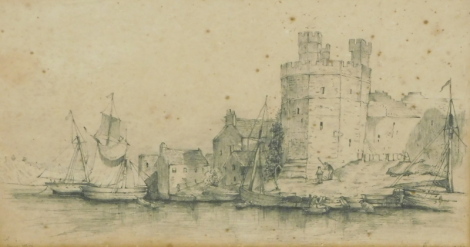 T A G (fl. 1875). Cameron Castle, boats and figures, pencil, initialled, titled and dated (1875), 22cm x 37cm.