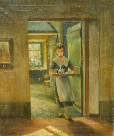 20thC Camden style school. Figure of a lady holding tray of decanter and glasses in a kitchen, oil on canvas, indistinctly signed, 59cm x 49cm.