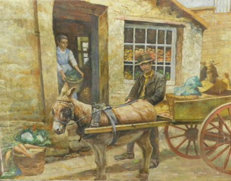 E Fenta? (20thC Continental School). A figure, donkey and cart before fruit seller, with further figures in the distance, oil on canvas, indistinctly signed 49cm x 58cm.