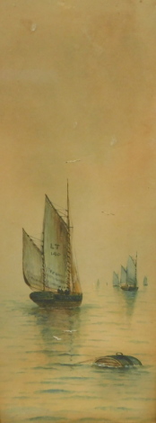 Early 20thC English School. Figures in boats on calm waters, with buoy before boat drying sails, watercolour, unsigned, 26cm x 72cm, and three others (4).