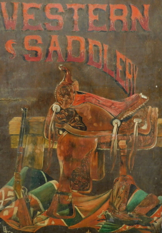 L. Fox (20thC). Western Saddlery, oil on board, signed, 156cm x 104cm.