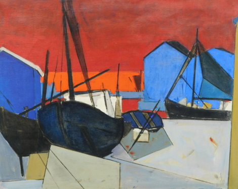 E S (fl. 1969). Boats before engine shed and red sky, oil on canvas, initialled and dated (19)69, 55cm x 69cm.