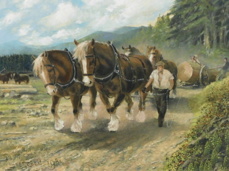 James Coen (20thC). Horses being led and pulling logs, oil on board, signed and dated 1984, 39cm x 50cm.