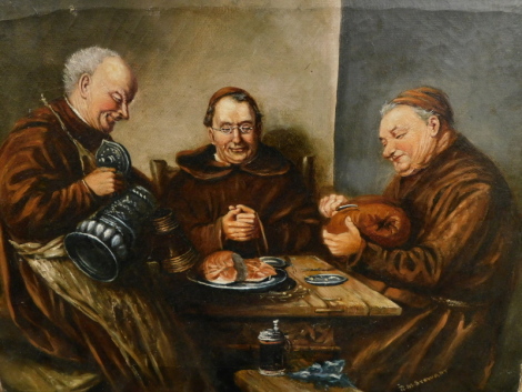 R.M. Stewart (20thC). Monks, oil on canvas, signed, 36cm x 46cm and two watercolours.