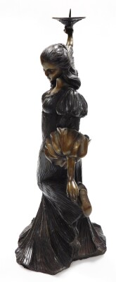 A contemporary bronze figured candlestick, of a standing female, in a long flowing dress and holding a aloft a pricket candle sconce, 51cm high. - 2