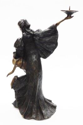 A contemporary bronze figured candlestick, of a standing female, in a long flowing dress and holding a aloft a pricket candle sconce, 51cm high. - 3