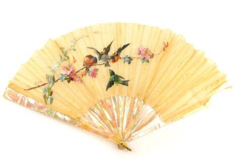 A Duvelleroy mother of pearl and painted gauze fan, signed Eudes, painted with birds on a wild rose branch, with other wild flowers, boxed, 36cm high.(AF)