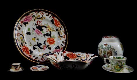 A group of Masons Ironstone decorated in the Mandalay pattern, comprising a dinner plate, fluted flower form dish, and a miniature tea cup, saucer and plate, together with a Masons Ironstone ginger jar and cover commemorating the Wedding of HRH Prince Cha