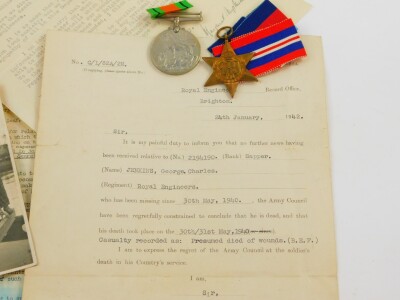 A WWII pair of medals, named to Spr George Charles Jenkins., 17 Field Coy., Royal Engineers, Killed In Action Between 30 May 1940 and 31st May 1940., Aged 21 years., Commemorated at Dunkirk Memorial Column 25., comprising 1939 - 45 Star and War Medal, tog - 2