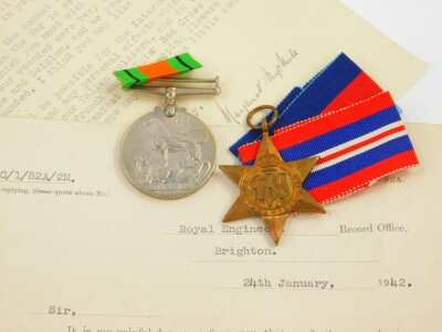 A WWII pair of medals, named to Spr George Charles Jenkins., 17 Field Coy., Royal Engineers, Killed In Action Between 30 May 1940 and 31st May 1940., Aged 21 years., Commemorated at Dunkirk Memorial Column 25., comprising 1939 - 45 Star and War Medal, tog - 3