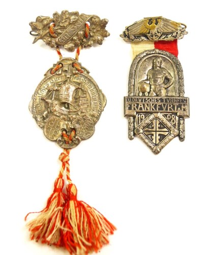 Two German Gymnastic Turnfest medals, white metal, comprising Hamburg 1988., and Frankfurt am Main 1908.