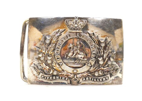 A Fifeshire Artillery silver plated belt plaque, 6.5cm wide.