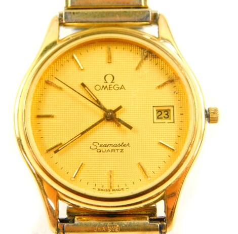 An Omega Sea Master gentleman's gold plated cased wristwatch, circular dial with centre seconds, date aperture, Quartz movement, case back numbered 1430., on an elasticated bracelet.