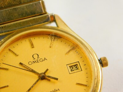 An Omega Sea Master gentleman's gold plated cased wristwatch, circular dial with centre seconds, date aperture, Quartz movement, case back numbered 1430., on an elasticated bracelet. - 2