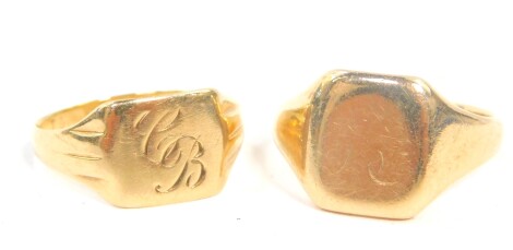 A gentleman's 9ct gold signet ring, monogram engraved, rubbed, size U, and a further 9ct gold signet ring, monogram engraved, size R, 9.6g. (2)