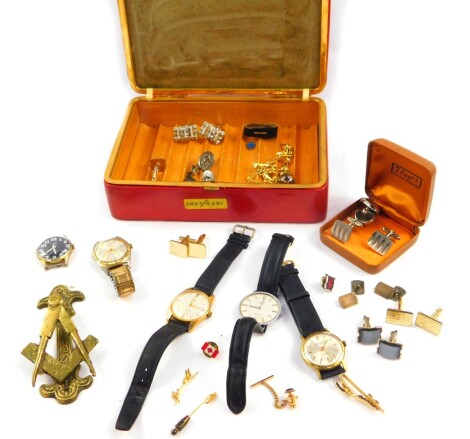 Silver and costume jewellery, including cuff links, a cruciform masonic ball pendant on chain, and gentleman's wristwatches, including Alpen., Le Cheminant., and Peerex. (a quantity)