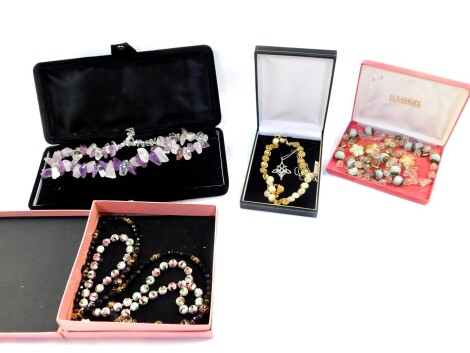 Costume jewellery, including two sets of beads, necklace, silver pendant, amethyst quartz necklace and crystal and hardstone necklace. (a quantity)