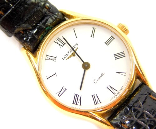 A Longines lady's gold plated cased wristwatch, circular white dial bearing Roman numerals, stainless steel back, numbering 25802382, on a leather strap.