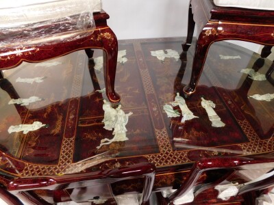 A Chinese red lacquer and 'Shibyama' dining suite, decorated with figures in a garden, flowers and geometric motifs, the table of oval form, raised on cabriole legs, 78cm high, 184cm wide, 106cm deep, together with eight dining chairs, with loose cushion - 2