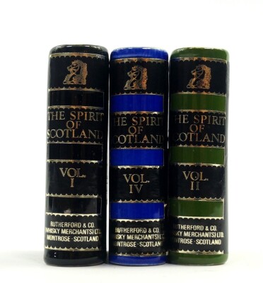 Three Rutherford & Company book form whisky decanters, The Spirit of Scotland., vols I - II., and IV., Whiskey Merchants Ltd, Montrose, Scotland., each 1 2/3 fl oz., with contents, 9cm high. - 2