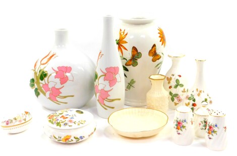 A group of ceramics, including a Portmeirion pottery vase decorated in the Botanic Garden pattern, Hutschenreuther Arzberg floral vases, Wedgwood Wild Strawberry vases and a Minton three piece condiment set. (a quantity)