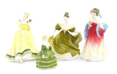 Four Royal Doulton porcelain figures, comprising Amy's Sister HN3445., Lynne HN2329., Belle HN2340., and Paula HN2906.