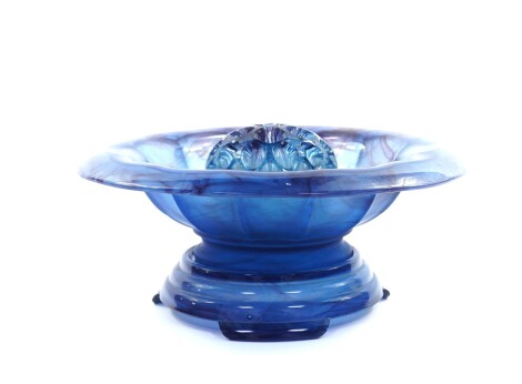 A Davidson blue cloud glass 1930's rose bowl, of fluted form on stand with a frog, 33.5cm wide.