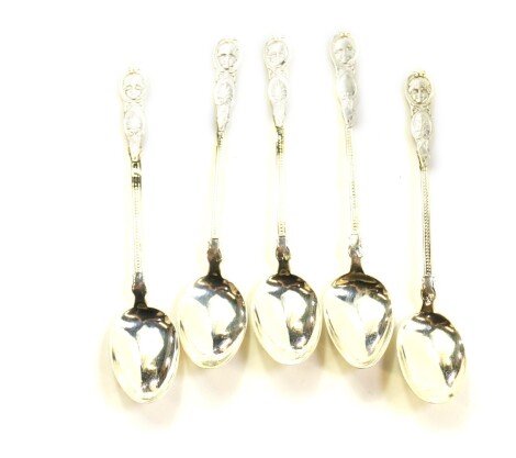 A set of five Danish silver coffee spoons, the terminals embossed with masks and acanthus leaves, Copenhagen mark, 1.36oz.