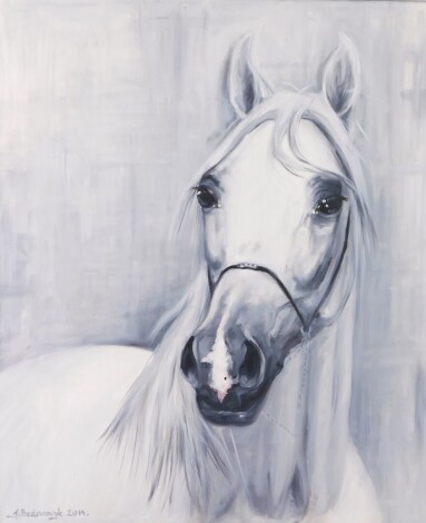 J Bednerczk (Polish, 21stC). Monochrome study of a horse, oil on canvas, signed, dated 2019, 59cm high, 49cm wide.