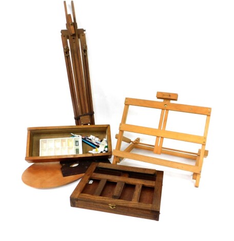 A Reeves picture stand, further stand, easel, pallet and a box containing assorted paints, etc. (a quantity)