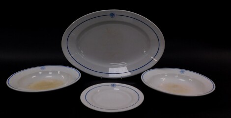 A pair of Hutschenreuther Third Reich porcelain soup plates, printed for B & S., together with a Hutschenreuther meat platter, and a side plate. (4)