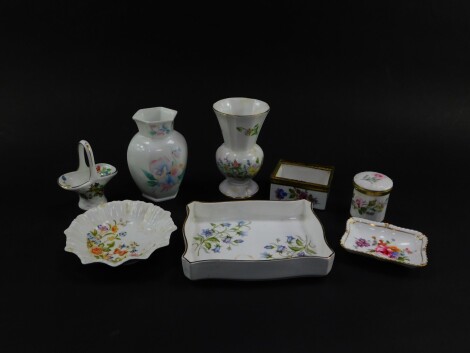 A group of Royal Crown Derby Aynsley and Royal Stafford porcelain dishes and vases, floral decorated, etc. (8)