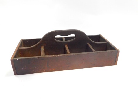 A Victorian stained wooden butler's bottle tray, copper bound with eight compartments, 48.5cm wide, 22.5cm deep.