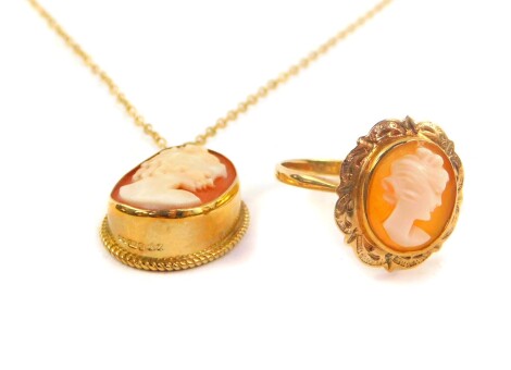 A 9ct gold and shell cameo ring, bust portrait of a lady, size P, and a 9ct gold and shell cameo pendant on chain, bust portrait of a lady, 6.2g all in. (2)