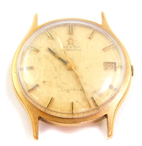 A Omega gentleman's 9ct gold cased wristwatch, circular champagne dial with gold batons, centre seconds, date aperture, the case back initial engraved.