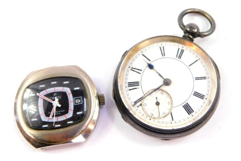 A Victorian gentleman's silver cased pocket watch, open faced, keywind, circular enamel dial bearing Roman numerals, subsidiary seconds dial, the case of plain form with shield and garter reserve, no key, Chester 1884, together with an Orion vintage gentl